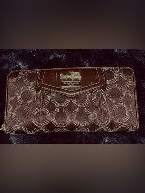 Coach Zip around brown Signature Jacquard Continental Wallet with Gold Accents